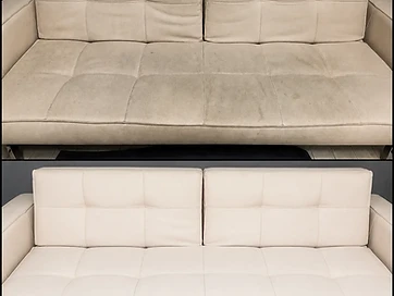 Professionelle Sofareinigung Vorher-Nachher-Vergleich – beigefarbenes Sofa mit Knopfheftung