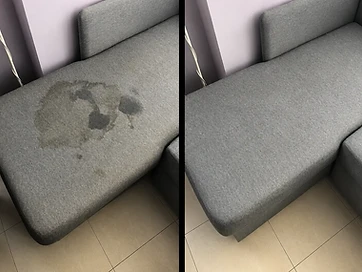 Ecksofa-Reinigung Vorher-Nachher – Entfernung dunkler Flecken auf grauem Bezug