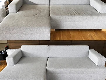 Sofareinigung Vorher-Nachher – graues Ledersofa mit Holzpaneel