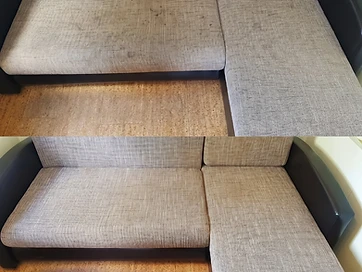 Vorher-Nachher-Vergleich der Reinigung eines grauen Sofas mit sichtbaren Flecken