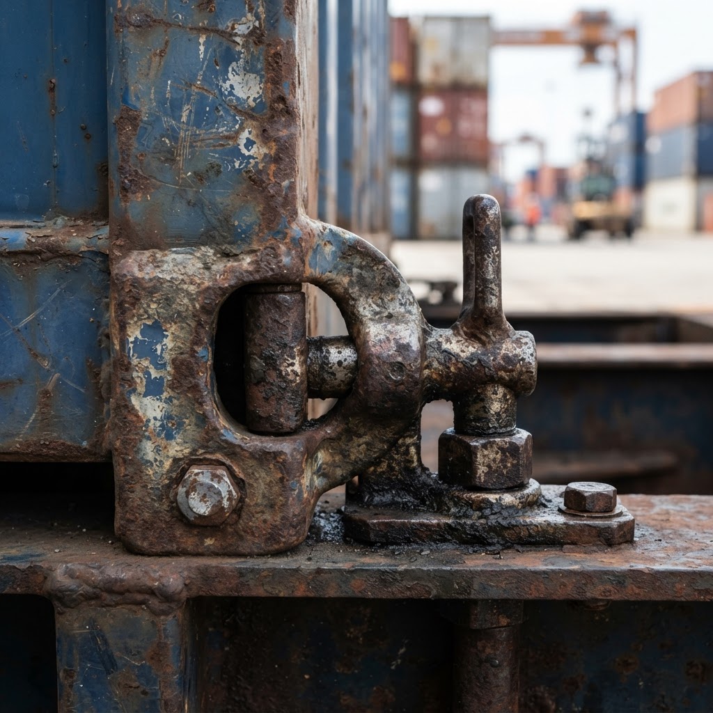 Close-up of shipping container corner casting and locking mechanism