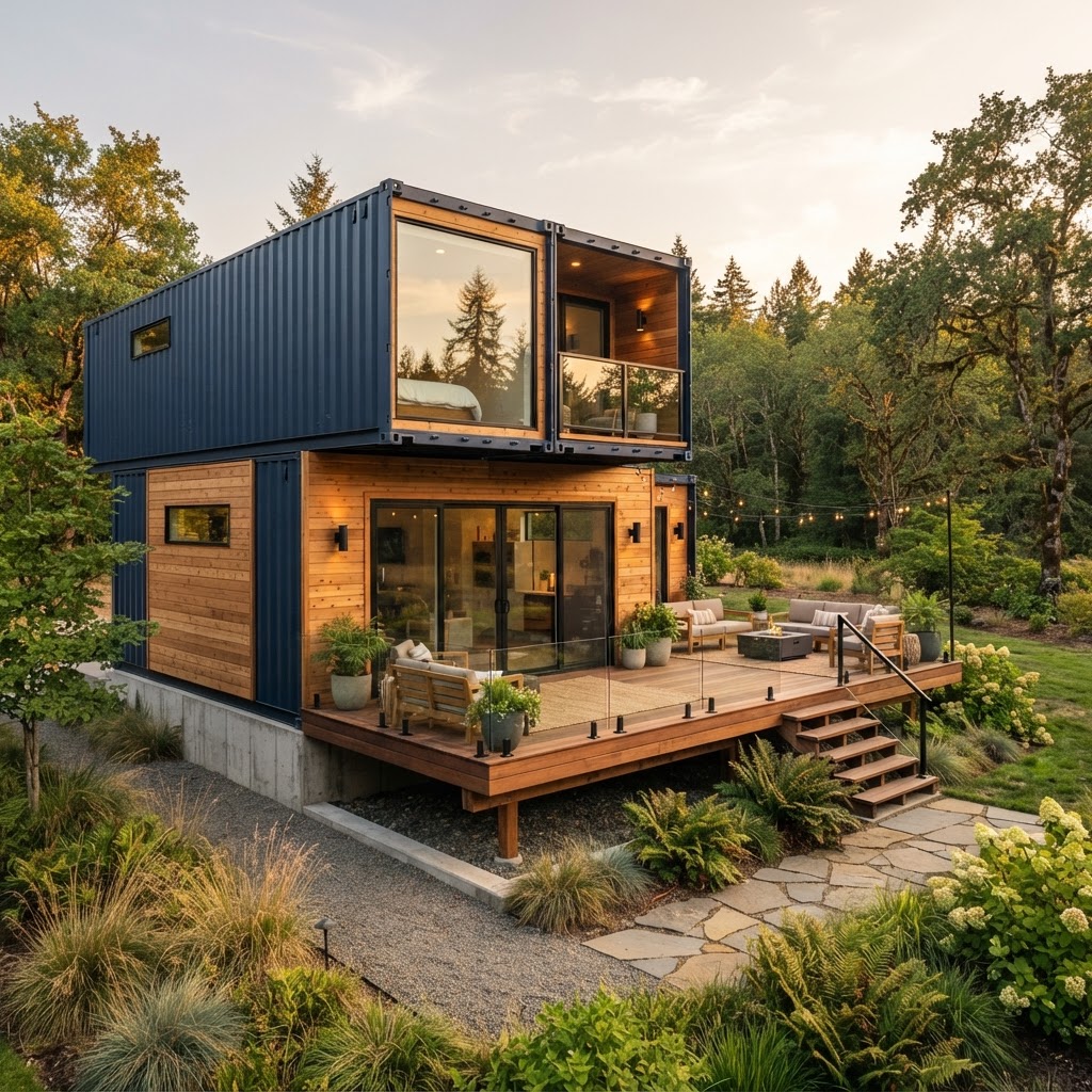 Custom container home with large windows, wood deck, and navy and orange accent panels