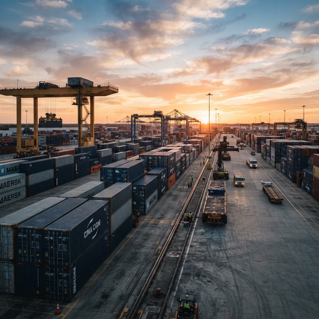 CargoVault Containers logistics terminal with stacked shipping containers