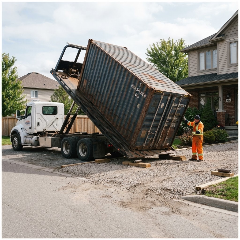 Tilt-bed delivery truck placing a shipping container on a customer site