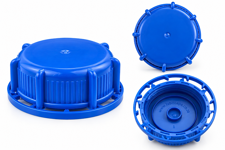Blue HDPE Fabocaps 60mm screw caps shown from three angles
