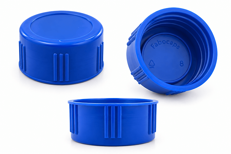 Blue HDPE Fabocaps 36mm screw caps shown from three angles