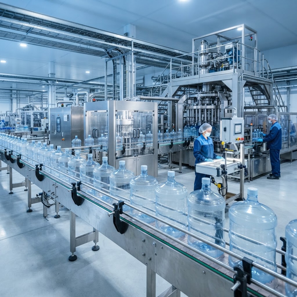 Manufacturing 18.9L polycarbonate water bottles in a factory