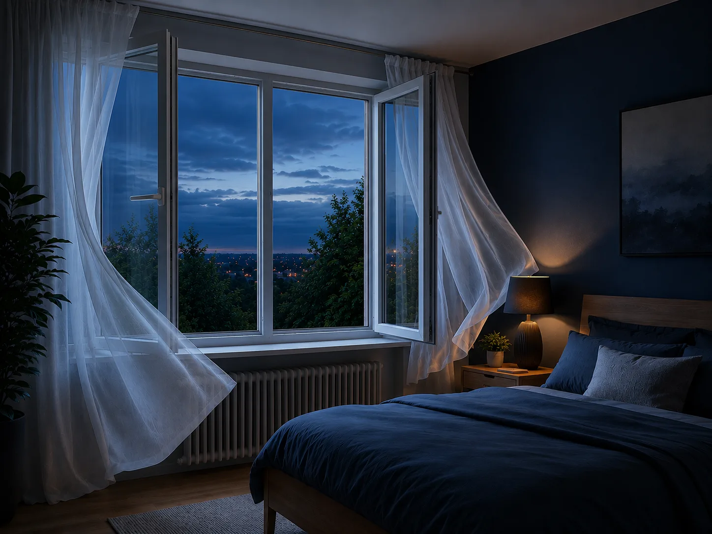 Richtig lüften im Schlafzimmer: frische Luft, besserer Schlaf Schlafzimmer bei Einbruch der Dunkelheit mit weit geöffnetem Fenster und wehenden weißen Vorhängen für frische Luft beim Schlafen