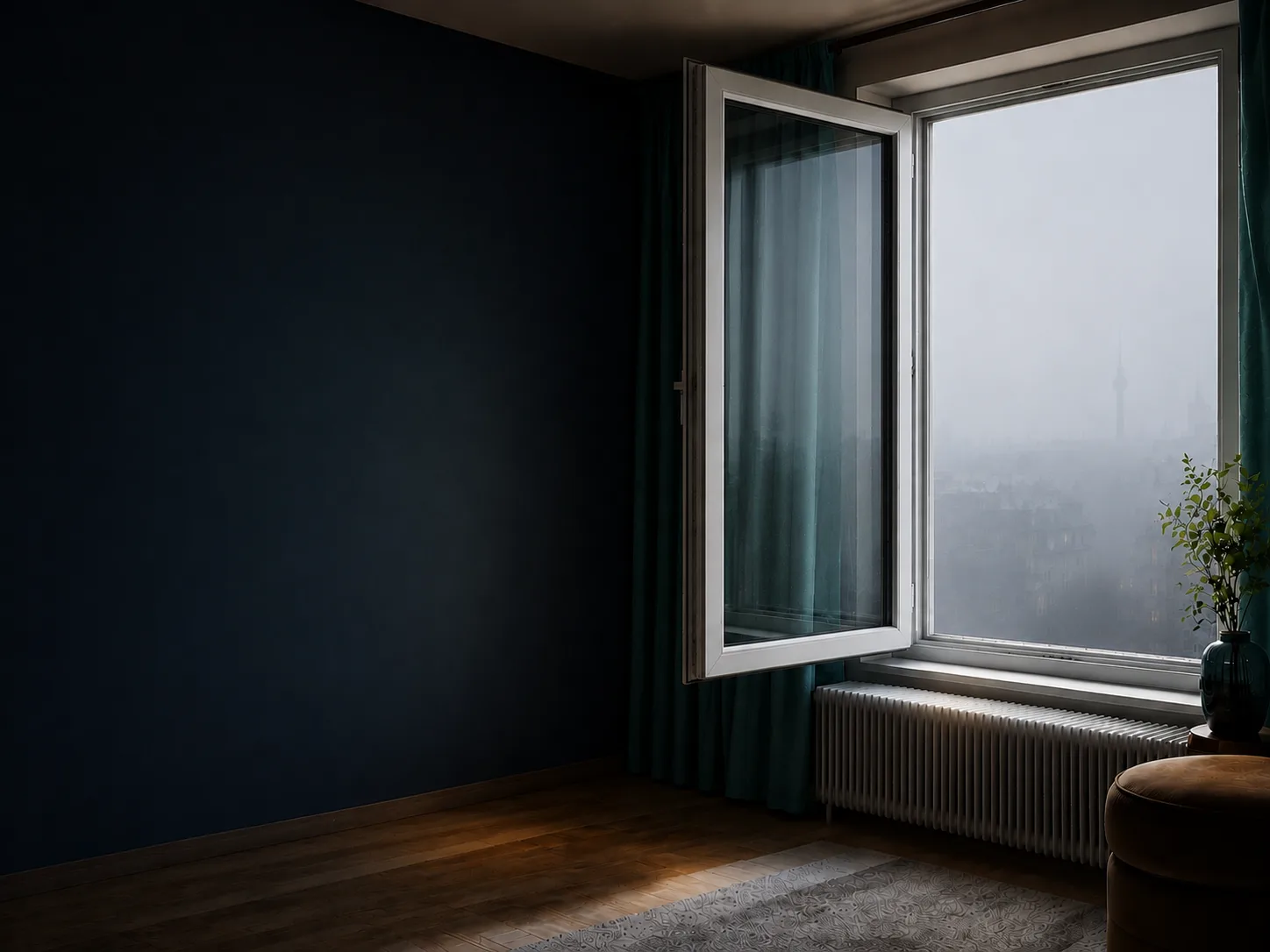 Lüften bei Nebel: Stoßlüften bei nebligem Wetter Offenes Fenster mit Blick auf neblige Stadt beim Stoßlüften an einem nebligen Herbsttag