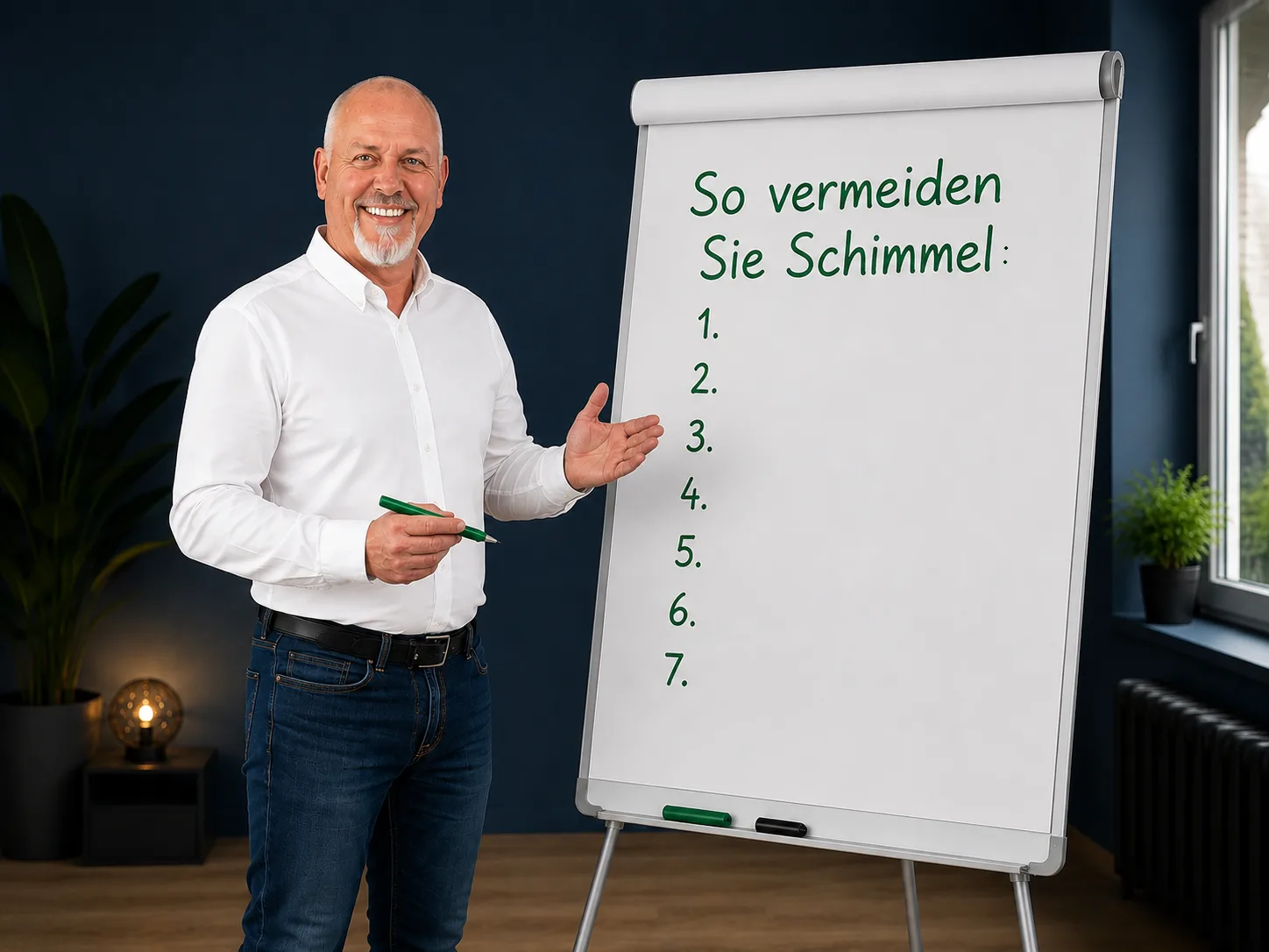 Schimmel vermeiden: die 7 wichtigsten Regeln Mann vor Whiteboard mit der Aufschrift „So vermeiden Sie Schimmel" und einer Liste mit sieben Regeln zur Schimmelprävention