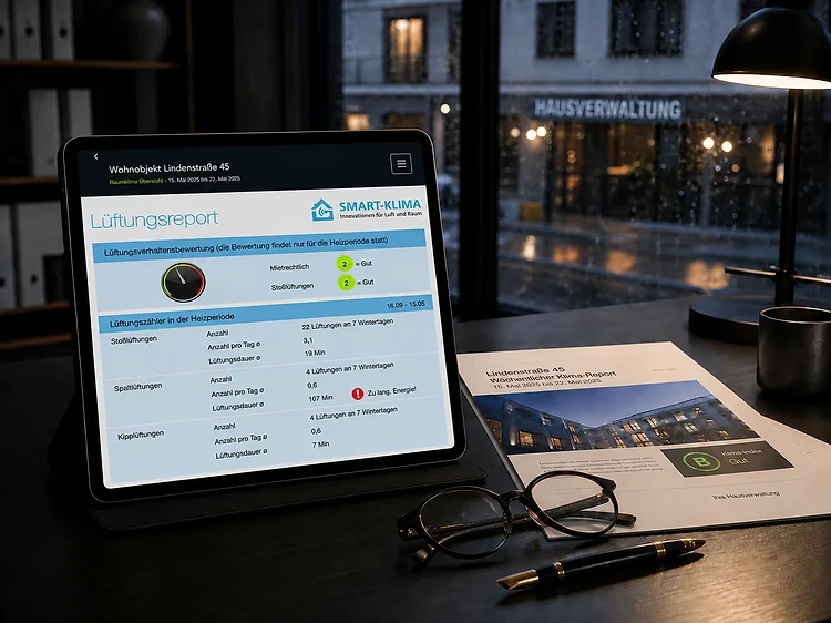 Lüftungsreport Gut für Vermieter – Klima-Index Bewertung Lüftungsreport Gut für Vermieter – Klima-Index Bewertung mit Status auf dem Tablet