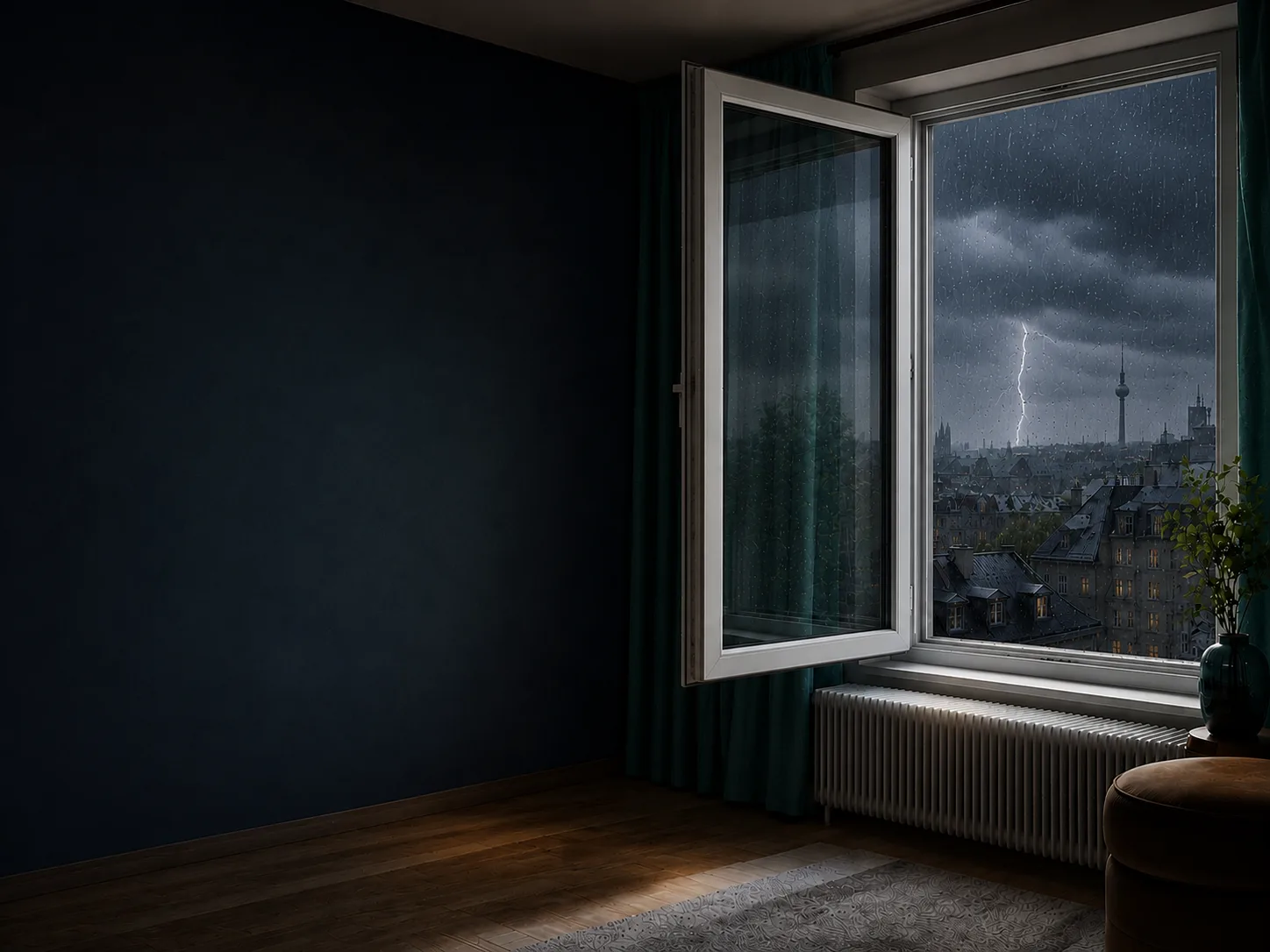 Lüften bei Regen: Stoßlüften trotz Regenwetter Geöffnetes Fenster bei Regen und Gewitter über der Stadt – Innenraum mit Heizkörper und Vorhang beim Stoßlüften