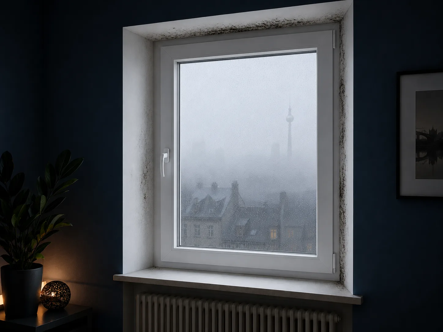 Schimmel am Fenster: Ursachen und Soforthilfe Fensterlaibung mit sichtbarem Schimmelbefall an weißem Fensterrahmen vor nebliger Stadtansicht mit Fernsehturm