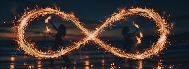 Fire dancers on a beach at dusk, spinning soft amber fire trails into an infinity symbol