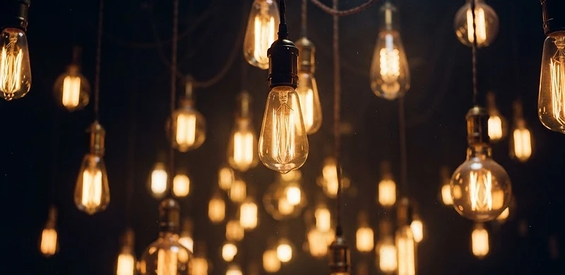 Cluster of warm glowing Edison filament bulbs