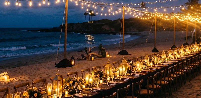 Huge candlelit long-table dinner glowing gold on an empty beach at blue hour