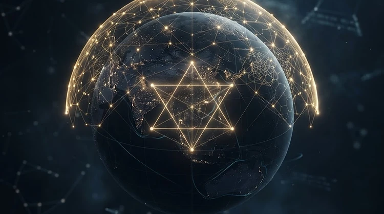 Golden protective shield over a glowing global intelligence grid