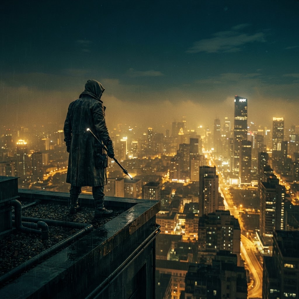 A guardian figure watching over a city at night