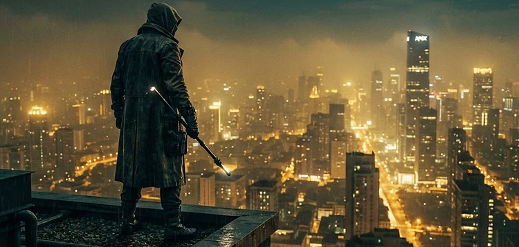 A guardian figure watching over a city at night