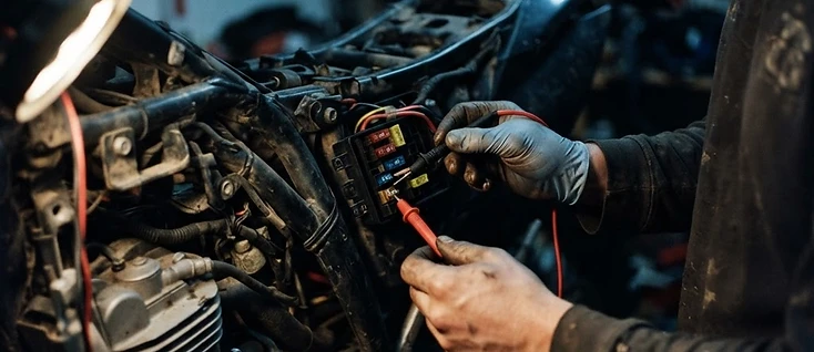 A mechanic testing a motorcycle fuse box with a multimeter
