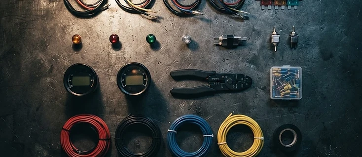 Motorcycle electrical components laid out in a grid on a workbench