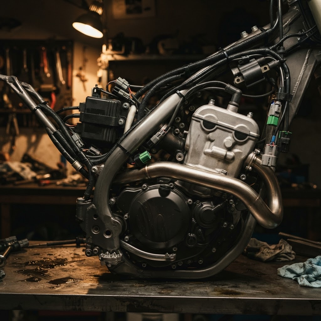 An enduro engine and its ECU, wiring routed along the frame