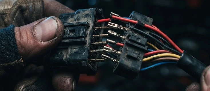 A motorcycle wiring harness connector being separated by hand