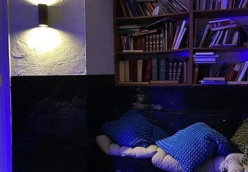 Reading nook with bookshelf and cushions