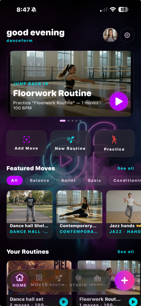 danceform app homescreen