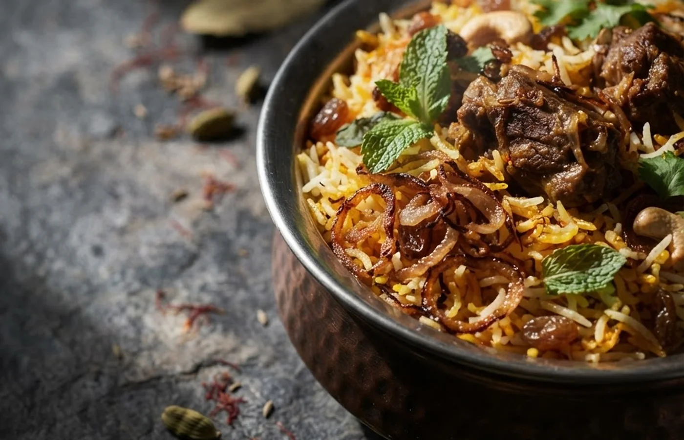Biryani serverad i koppar-skål
