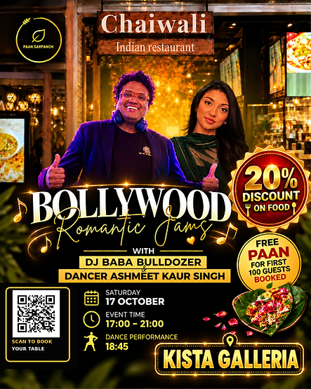 Chaiwali Dance Night — Bollywood Romantic Jams with DJ Baba Bulldozer and Dancer Ashmeet Kaur Singh, Saturday 17 October 2026