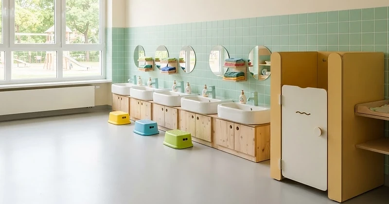 Freundlicher Kita-Sanitärraum mit sichtbarem Vinylboden