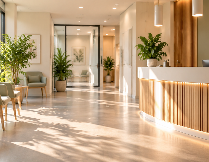 Lichte, moderne praktijkreceptie met planten en een verzorgde vloer