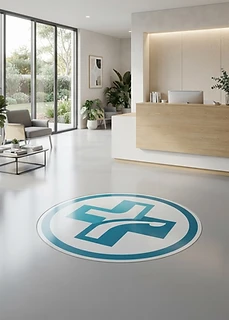 Empfangsbereich einer Praxis mit Firmenlogo im Bodenbelag