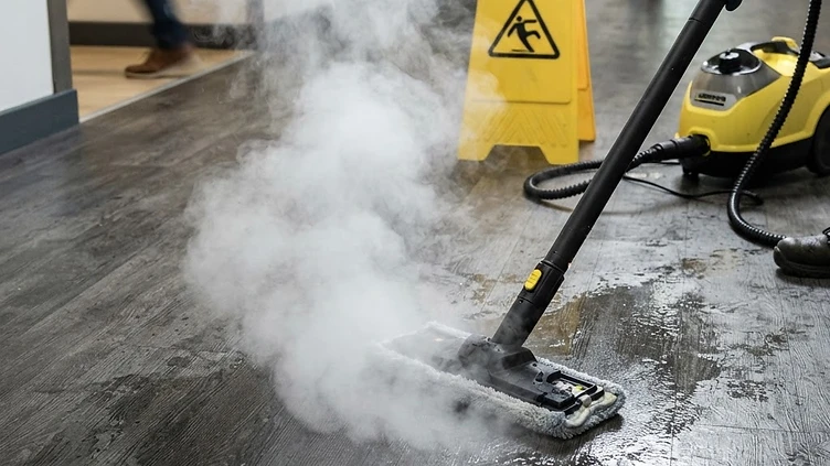 Dampfreiniger im Einsatz auf einem Vinylboden, der beschädigt werden kann