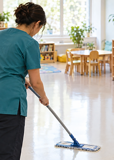 Reinigungskraft beim Wischen eines frisch versiegelten, pflegeleichten Bodens in einer hellen Kita, Ansicht von hinten