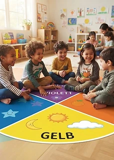 Kinder auf pädagogisch gestaltetem Boden mit Farbkreis