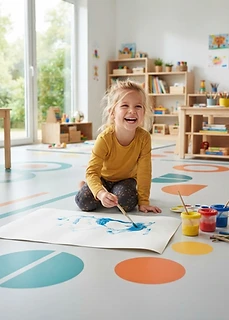 Lachendes Kind malt mit bunten Farben auf dem neu gestalteten Kita Boden