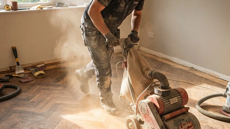Parkettboden, der frisch neu versiegelt wurde und gleichmäßig glänzt