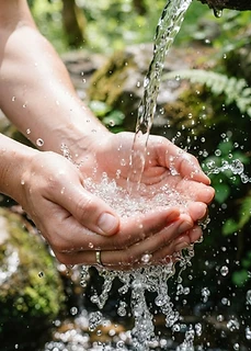 Hände fangen frisches Wasser in den Handflächen