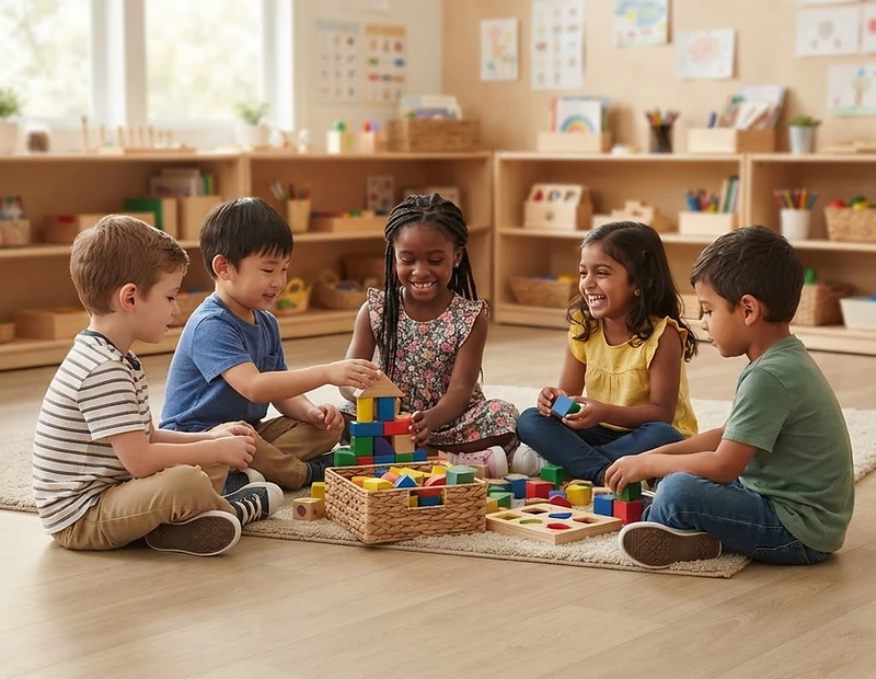 Kinder sitzen auf dem Boden in einer hellen Kita