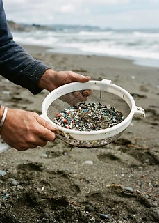 Sieb mit Mikroplastik auf einem Strand
