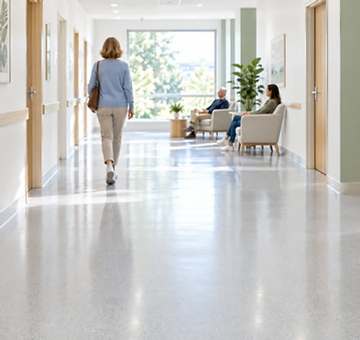 Heller, frisch gereinigter Praxisflur mit Patient und wartenden Personen im Hintergrund