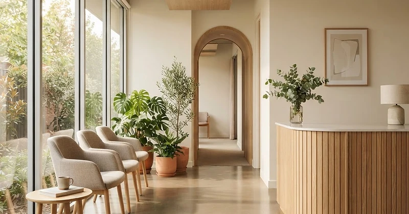 Lichte praktijkreceptie met hout, planten en een opgewaardeerde vloer