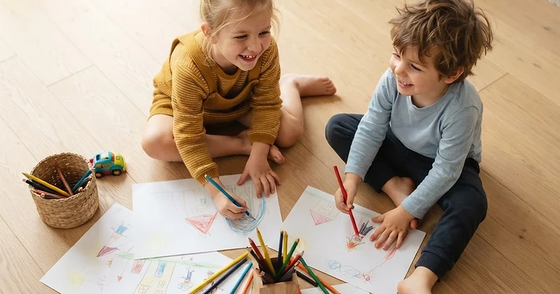 Kinderen bouwen met blokken aan een houten tafel