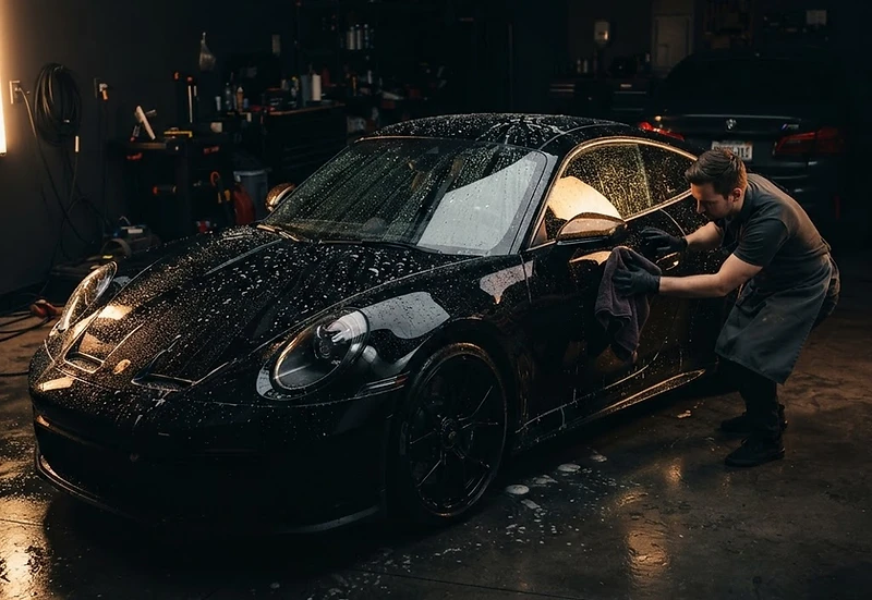 A black luxury car being detailed at dusk