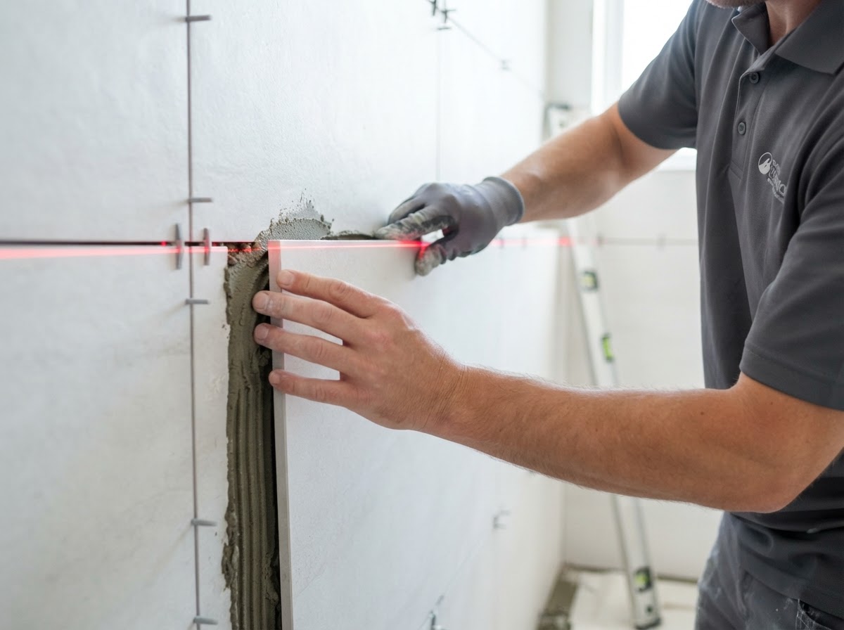 Professional tile installer setting large-format porcelain tiles with a laser level — precision craftsmanship by Dream Tiles, Inc.