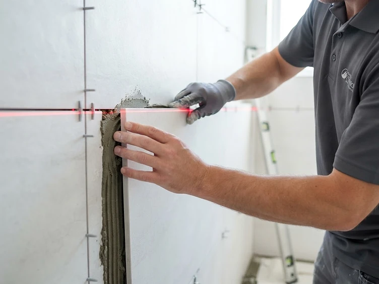 Professional tile installer setting large-format porcelain tiles with a laser level