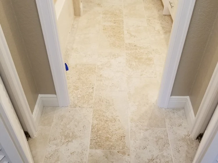Travertine Bathroom & Pebble Shower — completed by Dream Tiles, Inc.