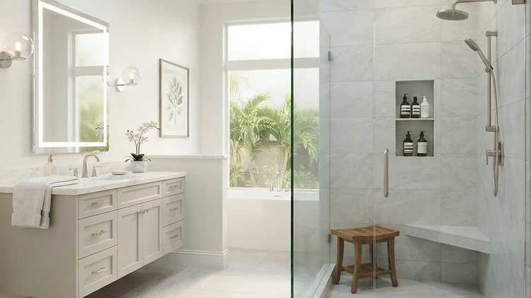 Bright modern bathroom with a walk-in shower and neutral tile